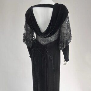 Vintage 1930s Black Velvet Dress Sequins Bishop Sleeves Goth Witchy Party S/M